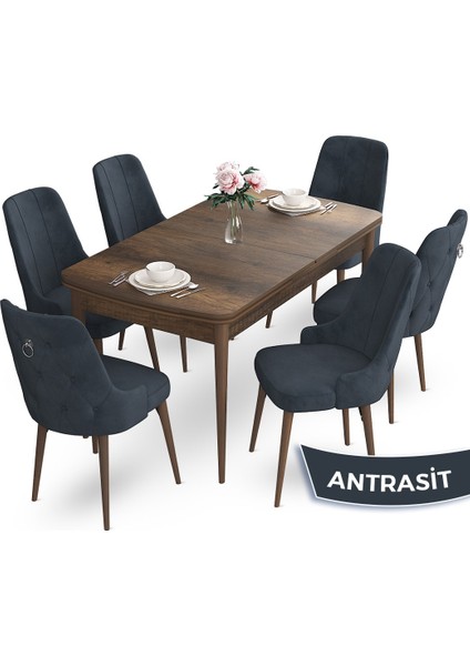 Concept Nev Serisi 80 x 132 cm Açılabilir Barok Ahşap Desen Masa Takımı 6 Sandalye Gümüş Halkalı