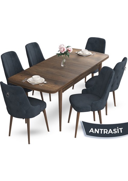Concept Nev Serisi 80 x 132 cm Açılabilir Barok Ahşap Desen Masa Takımı 6 Sandalye Gümüş Halkalı
