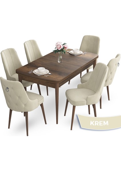 Concept Nev Serisi 80 x 132 cm Açılabilir Barok Ahşap Desen Masa Takımı 6 Sandalye Gümüş Halkalı