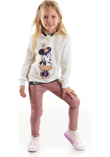Minnie Lisanslı Kız Çocuk Kapüşonlu Sweatshirt ve Deri Tayt 2'li Takım 20189