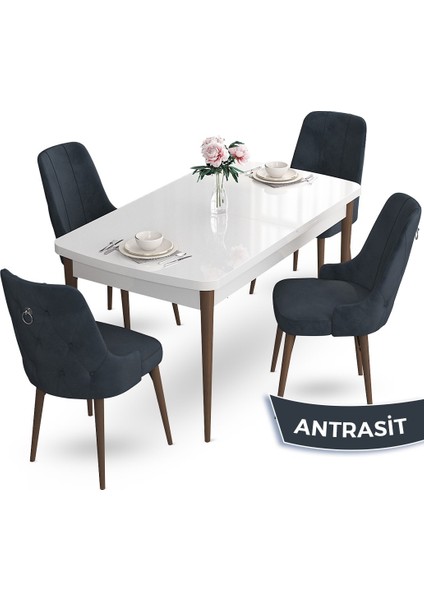 Concept Nev Serisi 80 x 132 cm Açılabilir Beyaz Masa Ceviz Ayak Masa Takımı 4 Sandalye Gümüş Halkalı