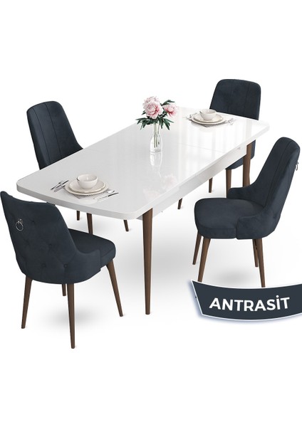 Concept Nev Serisi 80 x 132 cm Açılabilir Beyaz Masa Ceviz Ayak Masa Takımı 4 Sandalye Gümüş Halkalı