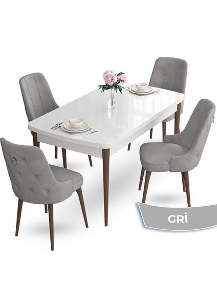 Concept Nev Serisi 80 x 132 cm Açılabilir Beyaz Masa Ceviz Ayak Masa Takımı 4 Sandalye Gümüş Halkalı