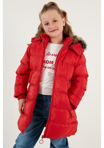 Tüylü Kapüşonlu Cepli Şişme Mont Kız Çocuk Mont 5766038