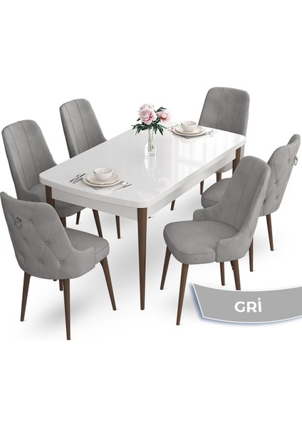 Concept Nev Serisi 80 x 132 cm Açılabilir Beyaz Masa Ceviz Ayak Masa Takımı 6 Sandalye Gümüş Halkalı