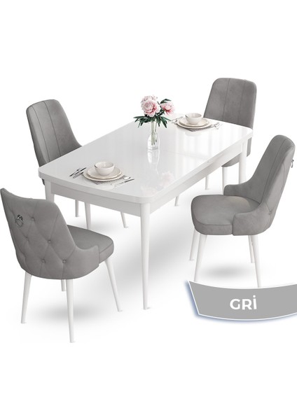 Concept Nev Serisi 80 x 132 cm Açılabilir Beyaz Mutfak Masa Takımı 4 Sandalye Gümüş Halkalı