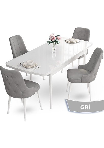 Concept Nev Serisi 80 x 132 cm Açılabilir Beyaz Mutfak Masa Takımı 4 Sandalye Gümüş Halkalı