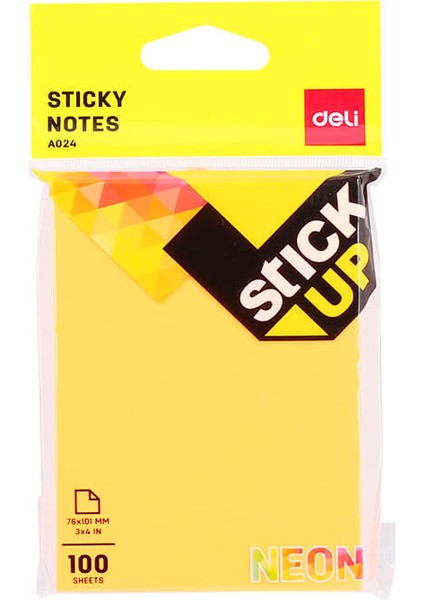 A02402 Sticky Notes Yapışkanlı Not Kağıdı 76X101MM Neon 100 Sheets