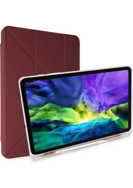 MTK Moveteck Samsung Galaxy Tab A8 10.5 SM-X200 2021 X205 X207 Tablet Kılıfı Kalem Bölmeli Yuvalı Yumuşak Silikon Trifolding Üçgen Standlı Lüx Case Smart Covert