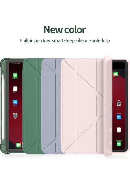 Samsung Galaxy Tab A8 10.5 SM-X200 2021 X205 X207 Tablet Kılıfı Kalem Bölmeli Yuvalı Yumuşak Silikon Trifolding Üçgen Standlı Lüx Case Smart Covert