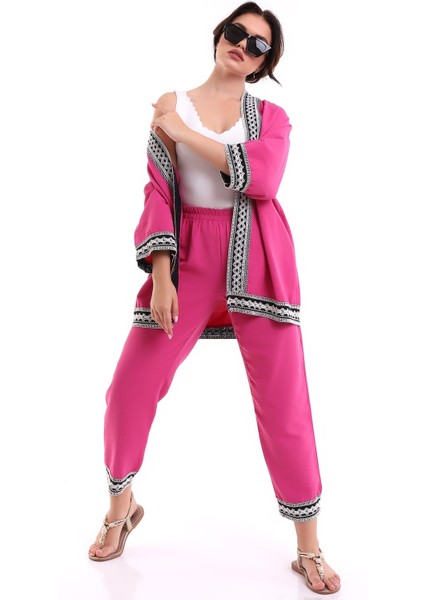 Işlemeli Kimono Takım Fuşya MDNSS105