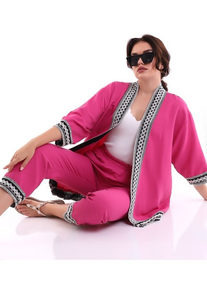 Işlemeli Kimono Takım Fuşya MDNSS105