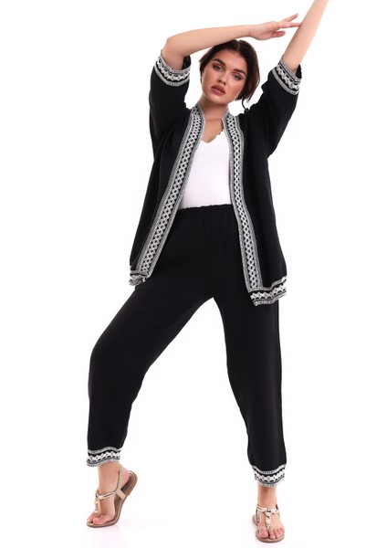 Işlemeli Kimono Takım Siyah MDNSS105