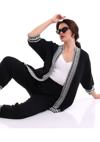 Işlemeli Kimono Takım Siyah MDNSS105
