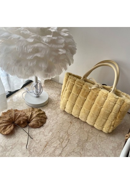 Peluş Örgülü Büyük Tote Faux Fur Kadın Alışveriş Çantası (Yurt Dışından)