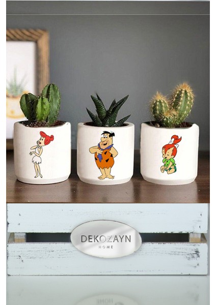 Taş Devri Kaktüs Desenli Beton Saksı Üçlü Set- Küçük Boy Sukulent Saksısı Çizim Hediyelik Kalemlik