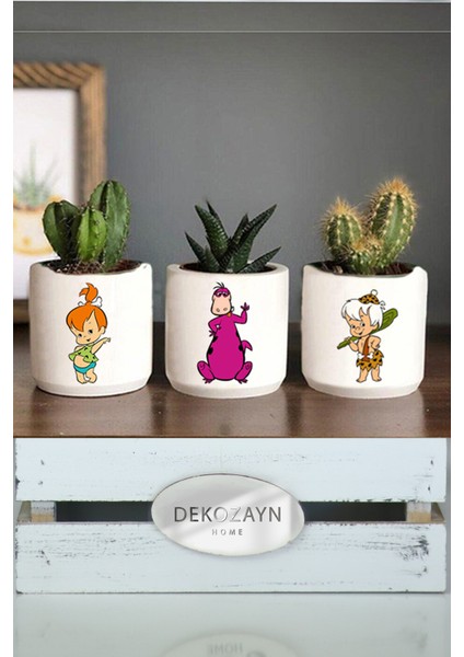 Taş Devri 3 Çakıl Bambam Kaktüs Desenli Beton Saksı Üçlü Set- Küçük Boy Sukulent Saksısı Hediyelik