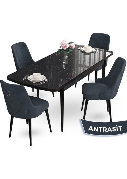 Concept Nev Serisi 80 x 132 cm Açılabilir Siyah Mermer Desen Masa Takımı 4 Sandalye Gümüş Halkalı