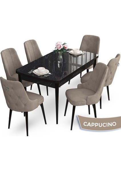 Concept Nev Serisi 80 x 132 cm Açılabilir Siyah Mermer Desen Masa Takımı 6 Sandalye Gümüş Halkalı