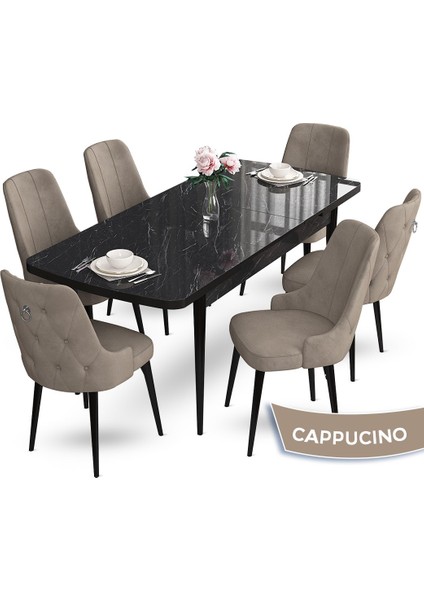 Concept Nev Serisi 80 x 132 cm Açılabilir Siyah Mermer Desen Masa Takımı 6 Sandalye Gümüş Halkalı