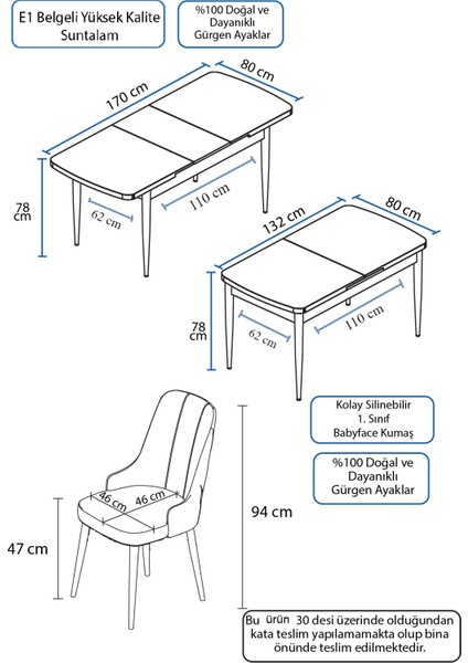 Concept Nev Serisi 80 x 132 cm Açılabilir Siyah Mermer Desen Masa Takımı 6 Sandalye Gümüş Halkalı