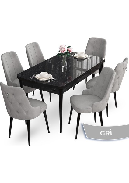 Concept Nev Serisi 80 x 132 cm Açılabilir Siyah Mermer Desen Masa Takımı 6 Sandalye Gümüş Halkalı