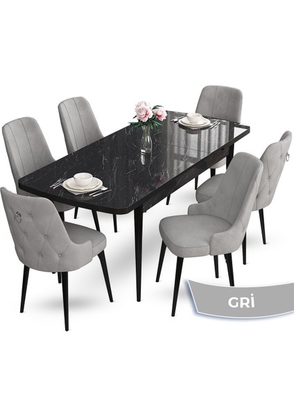 Concept Nev Serisi 80 x 132 cm Açılabilir Siyah Mermer Desen Masa Takımı 6 Sandalye Gümüş Halkalı fiyatları