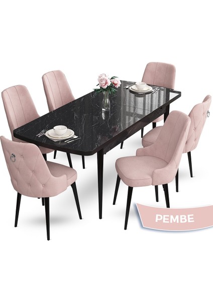 Concept Nev Serisi 80 x 132 cm Açılabilir Siyah Mermer Desen Masa Takımı 6 Sandalye Gümüş Halkalı fiyatları