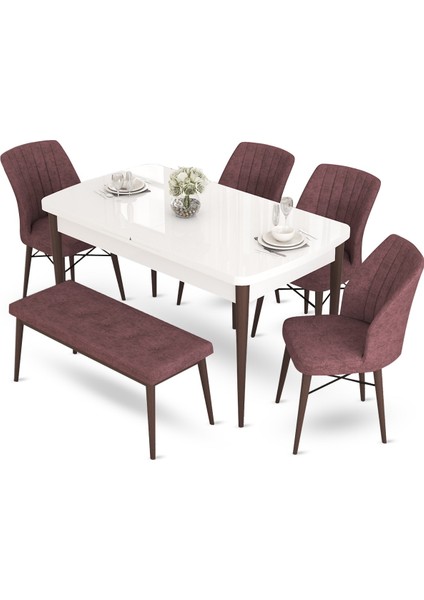 Concept Aya Serisi 80 x 132 cm Beyaz Masa Ceviz Ayak Mutfak Masa Takımı 4 Sandalye 1 Bench