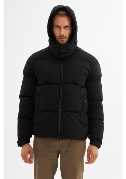 Erkek Su Geçirmez Çıkarılabilir Kapüşonlu Şişme Mont Siyah