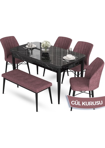 Concept Aya Serisi 80 x 132 cm Açılabilir Siyah Mermer Desen Mutfak Masa Takımı 4 Sandalye 1 Bench