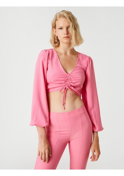 Büzgülü Crop Bluz Uzun Kollu