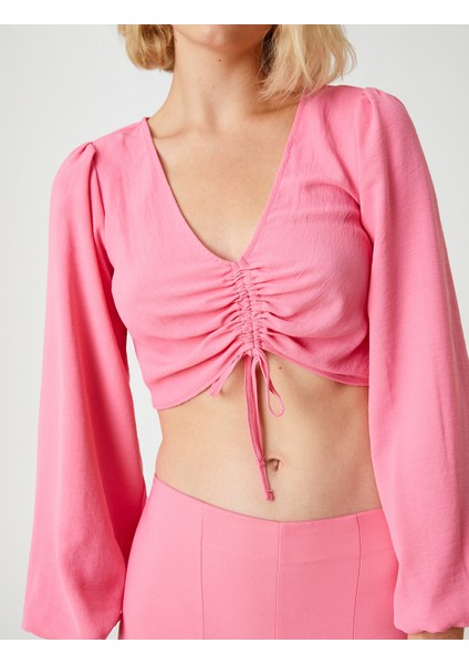 Büzgülü Crop Bluz Uzun Kollu