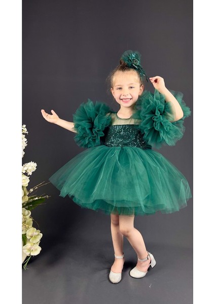 Mnk Baby Şifon Robalı Ponpon Kol Pul Payetli Kız Çocuk Kabarık Etek Tütülü Abiye