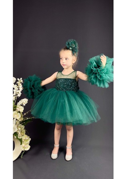 Mnk Baby Şifon Robalı Ponpon Kol Pul Payetli Kız Çocuk Kabarık Etek Tütülü Abiye fiyatları