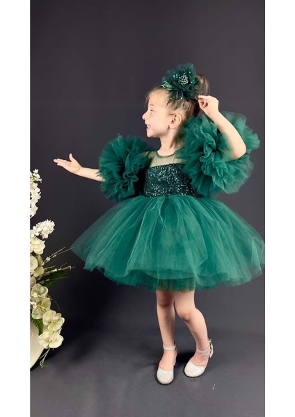 Mnk Baby Şifon Robalı Ponpon Kol Pul Payetli Kız Çocuk Kabarık Etek Tütülü Abiye fırsatları