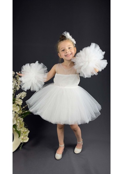 Mnk Baby Şifon Robalı Ponpon Kol Pul Payetli Kız Çocuk Kabarık Etek Tütülü Abiye