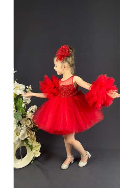 Mnk Baby Şifon Robalı Ponpon Kol Pul Payetli Kız Çocuk Kabarık Etek Tütülü Abiye