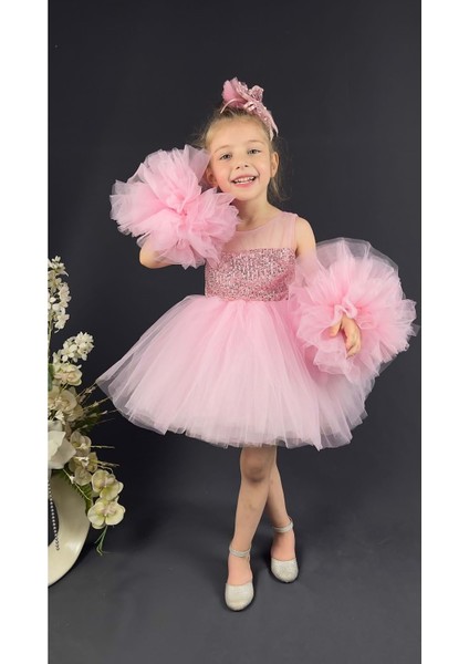 Mnk Baby Şifon Robalı Ponpon Kol Pul Payetli Kız Çocuk Kabarık Etek Tütülü Abiye