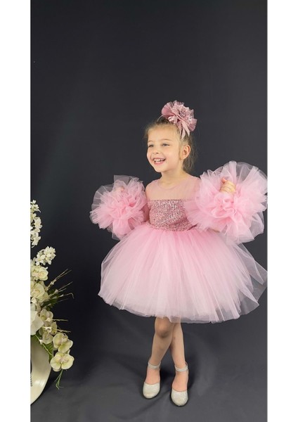 Mnk Baby Şifon Robalı Ponpon Kol Pul Payetli Kız Çocuk Kabarık Etek Tütülü Abiye fiyatları