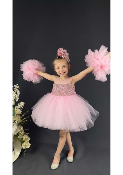 Mnk Baby Şifon Robalı Ponpon Kol Pul Payetli Kız Çocuk Kabarık Etek Tütülü Abiye modelleri