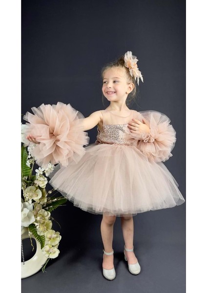 Mnk Baby Şifon Robalı Ponpon Kol Pul Payetli Kız Çocuk Kabarık Etek Tütülü Abiye modelleri