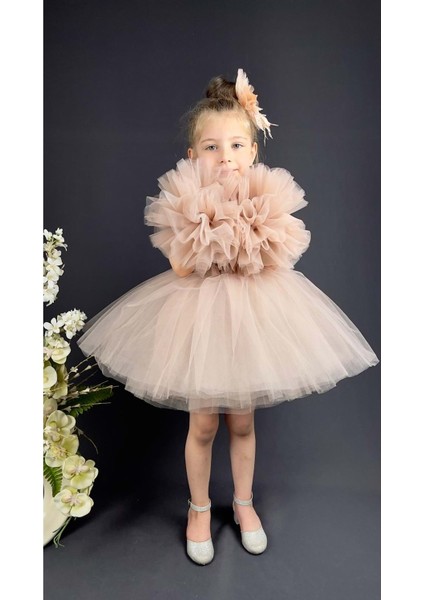 Mnk Baby Şifon Robalı Ponpon Kol Pul Payetli Kız Çocuk Kabarık Etek Tütülü Abiye