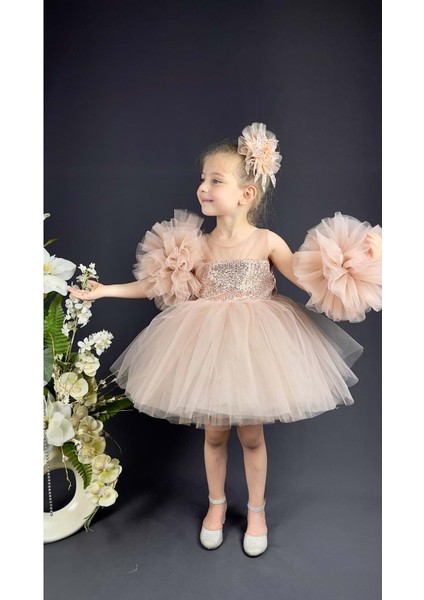 Mnk Baby Şifon Robalı Ponpon Kol Pul Payetli Kız Çocuk Kabarık Etek Tütülü Abiye indirimleri