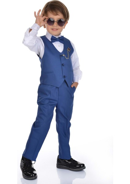 Erkek Çocuk Smokin Takımı Mavi Yelekli 4 Parça Gömlek Pantolon Papyon