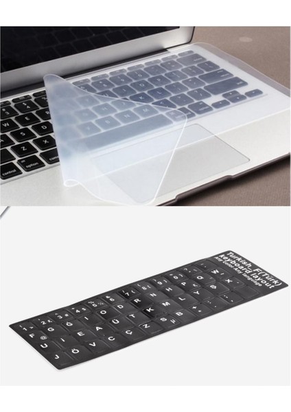 15,6" Inc Klavye Koruyucu Silikon Şeffaf + Türkçe F Sticker Klavye Tuş Takımı 2'li Set