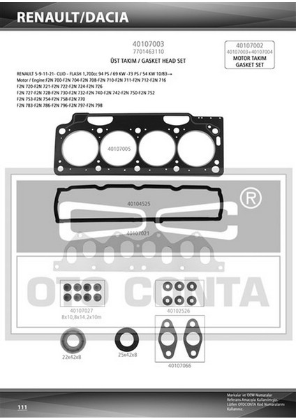 Üst Motor Takim Contasi 1700C Renault Flash R11 (Keçeli - Skcli) (107001)