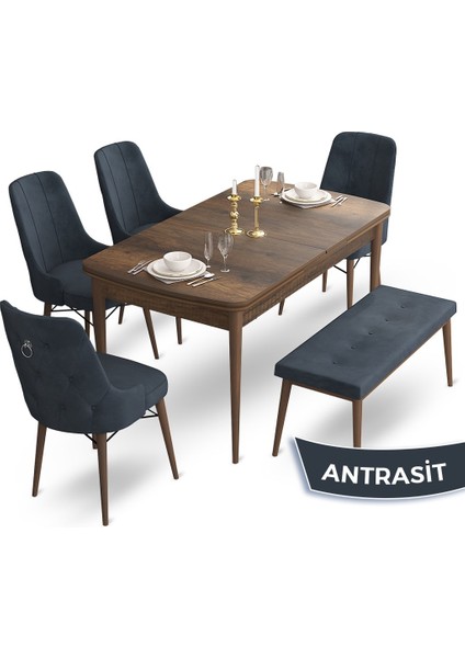 Concept Taç Serisi 80 x 132 cm Barok Ahşap Desen Masa Takımı 4 Sandalye Gümüş Halkalı ve 1 Bench