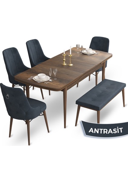 Concept Taç Serisi 80 x 132 cm Barok Ahşap Desen Masa Takımı 4 Sandalye Gümüş Halkalı ve 1 Bench
