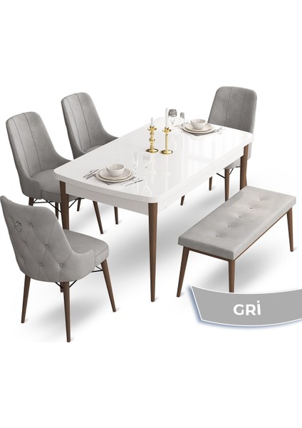 Concept Taç Serisi 80 x 132 cm Beyaz Masa Ceviz Ayak Yemek Masası Takımı 4 Sandalye Gümüş Halkalı ve 1 Bench